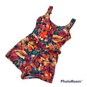 Vintage Blair One Piece 12 Shorts Style Floral Orange Red Green Swimsuit Belt